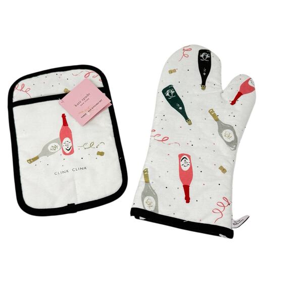 Kate Spade New York White Champagne Print Pot Holder And Oven Mitt 2 Pc Set - Picture 1 of 9